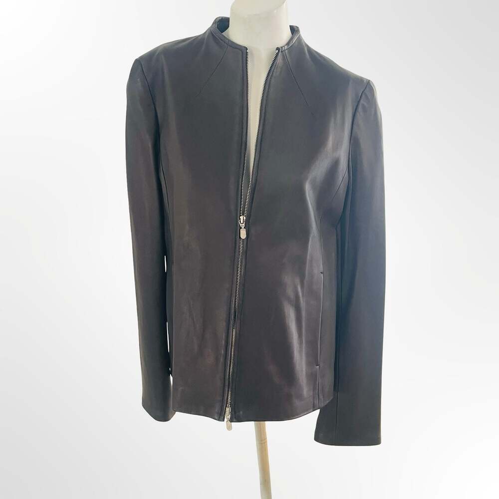 Danier Women's Dark Brown Genuine Leather Collarless Zip-Front Jacket